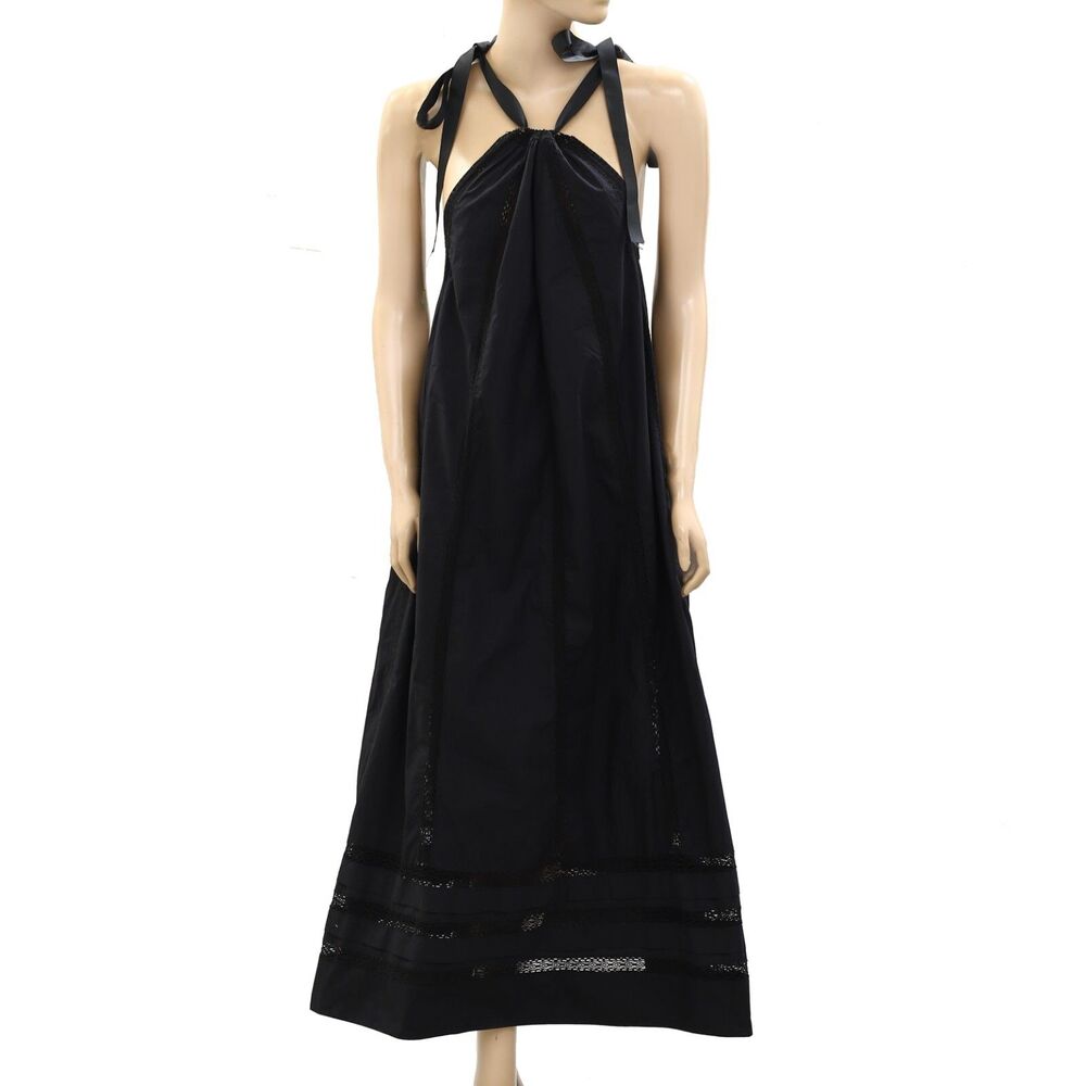 272394 Ilio Nema Black Crochet Lace Maxi Dress Solid Cotton Tiered Resort XS